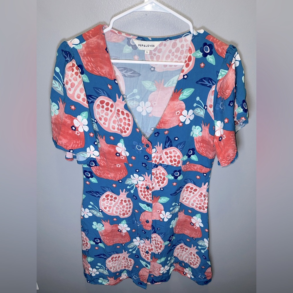 ModCloth Pepaloves Pomegranate Printed Shirt Dress‎ Blue/Pink Size Large